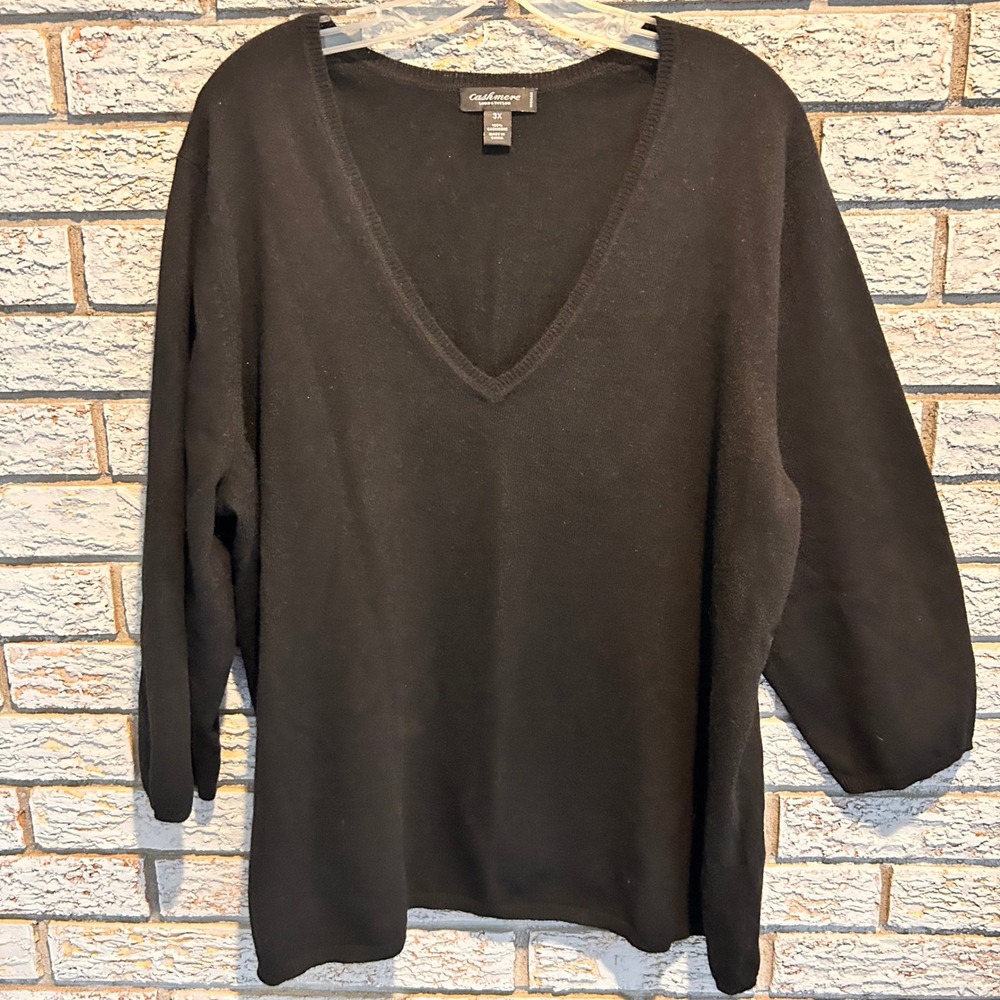 Lord & Taylor Black 100% Cashmere V-Neck Sweater Plus Size 3X 3/4 Sleeve